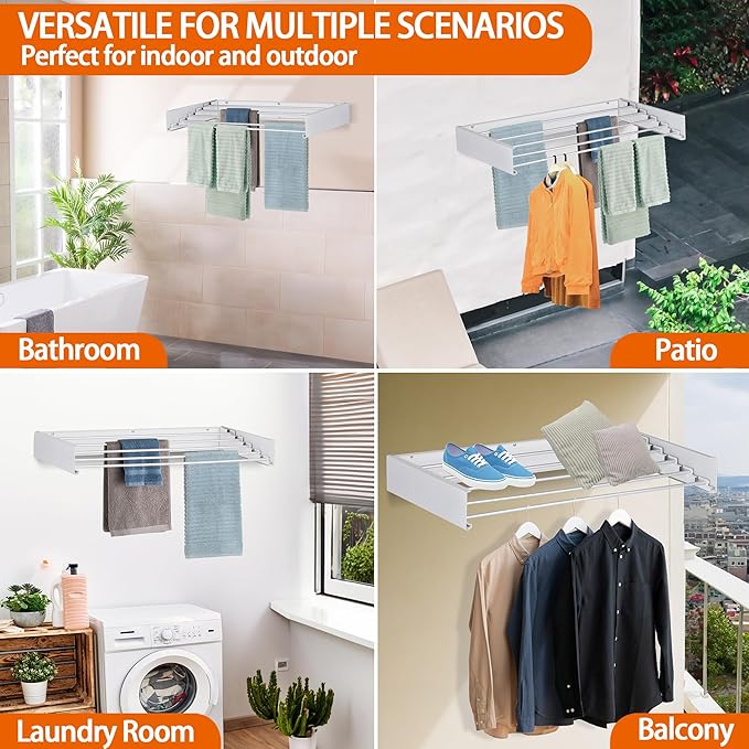 FOCHIER F Laundry Drying Rack Wall Mounted Clothes Drying Rack Collapsible with 4 Aluminum Rods and Drilling Template Long Screwdriver Bit 60 lbs Capacity (White, 23.6")-Ruum Studio Home