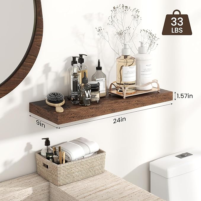 Heimlove 24 inch Floating Shelves for Wall,9.3 inch deep Brown Bathroom Over Toilet Shelf,Wall Mounted Rustic Wood Shelves for,Bedroom,Living Room,Kitchen,Office Decor Set of 2-Brown-Ruum Studio Home
