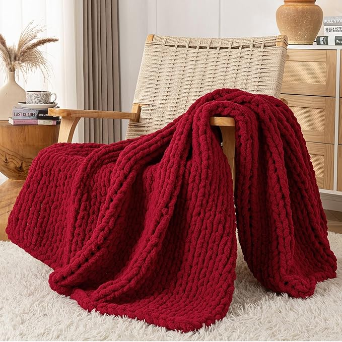 Chunky Knit Blanket Throw, 100% Hand Knit Throw Blanket Handmade Chenille Cable Knit Throw for Couch, Stylish Cozy Soft Rope Knot Crochet Blanket for Home Decor, Red, 50x60 Inches-Ruum Studio Home