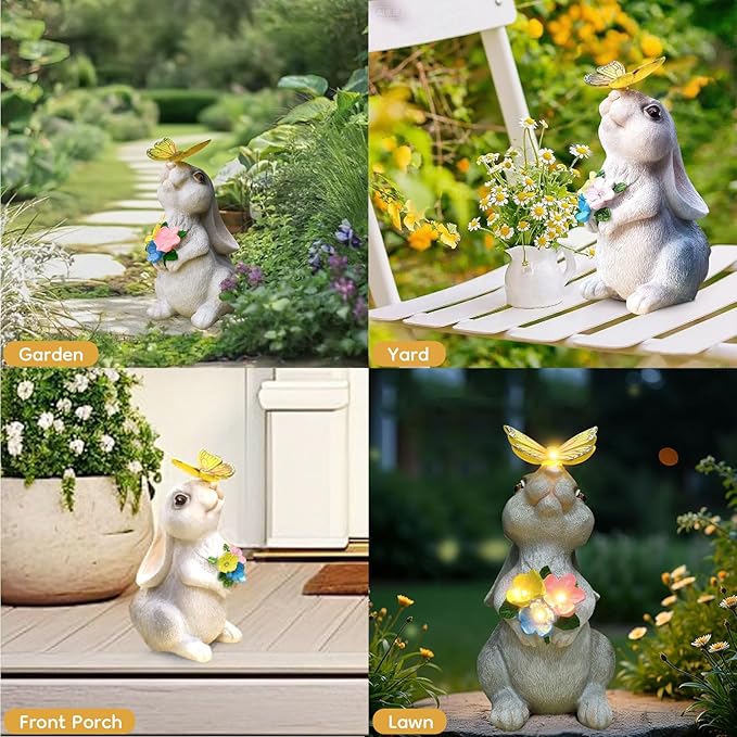 Solar Bunny Statues Light with Butterfly LED - Auto On/Off Weathproof Resin Garden Figurine Decor Gift for Pathway, Patio & Mom's Flower Bed (Warm Light)-Ruum Studio Home