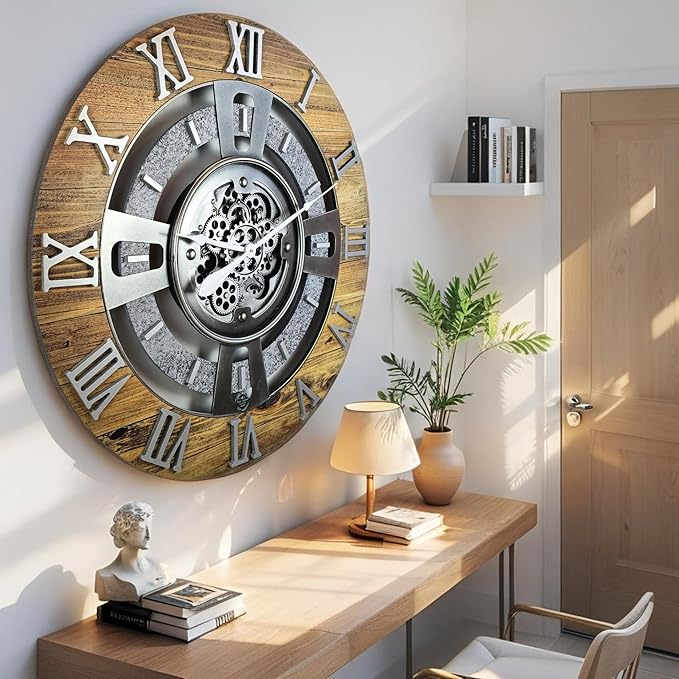 The Gears Clock Real Moving Gear Wall Clock England Line (Wood & Stone, 24 inches (60 cm))-Ruum Studio Home