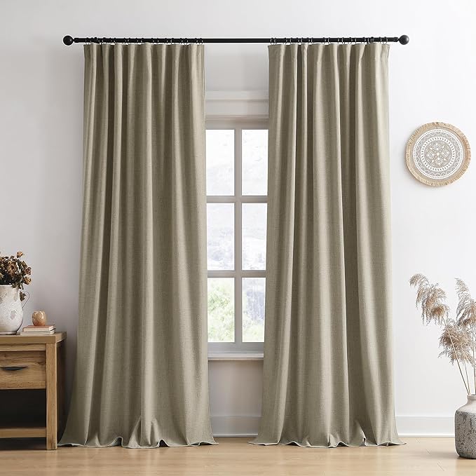 RAIN CITY Taupe Blackout Linen Blend Curtains 2 Panels,70 Wide Back Tab Pinch Pleated Look Window Drapes with Hooks,Track System Curtain Panels for Sliding Door Modern Farmhouse 70x96 Inch 70x8ft-Ruum Studio Home