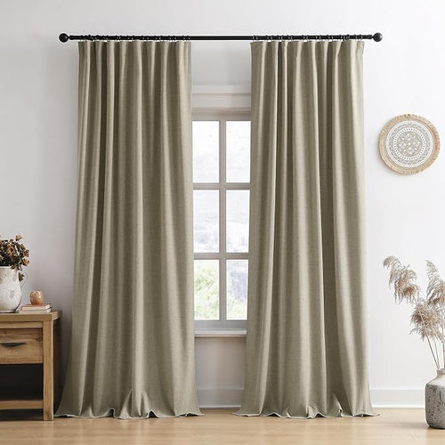 102 Inch Long Blackout Linen Blend Curtains 2 Panels,70 Wide Back Tab Pinch Pleated Look Window Drapes with Hooks,Track System Curtain Panels for Sliding Door Modern Farmhouse 70x102 Light Taupe-Ruum Studio Home