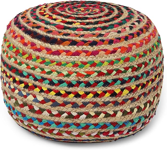 REDEARTH Round Pouf Ottoman - Braided Boho Poof Home Décor Pouffe Accent Sitting Circular Foot Rest for Living Room, Bedroom, Nursery, Kidsroom, Lounge; Jute and Cotton (19.5"x19.5"x14"; Multi)-Ruum Studio Home