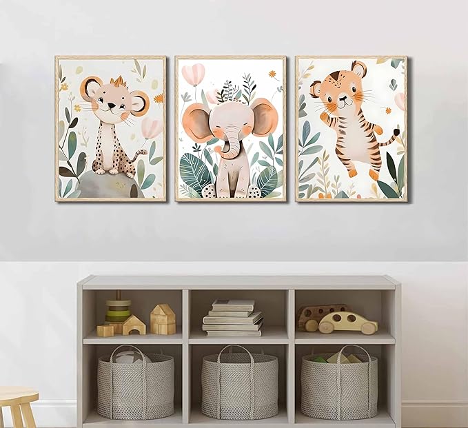 3 Pcs Safari Animals Nursery Canvas Wall Art Jungle Animals Cheetah Elephant Tiger Kids Room Illustration Pictures Wall Decor Posters Print Artwork for Classroom Boy's Girl's Room Bedroom-Ruum Studio Home