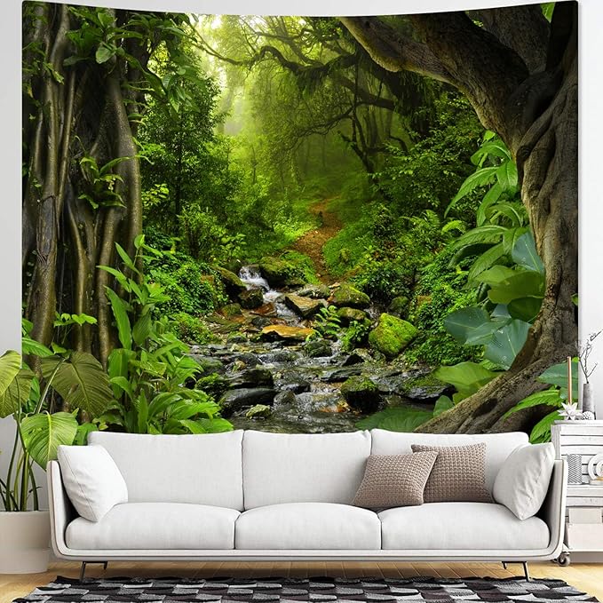 AMM Green Rainforest Tapestry Nature Forest Tapestry for Bedroom Aesthetic Misty Tropical Jungle Trees Flowing Stream Landscape Tapestries Wall Hanging for Living Room Dorm 80 x 60 Inch-Ruum Studio Home