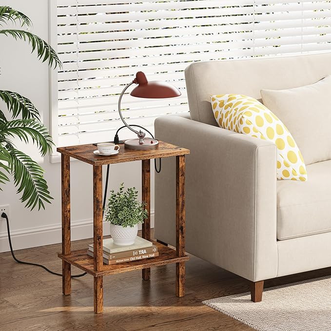 TUTOTAK End Table with Charging Station, Small Side Table with Outlets, Nightstand Bedside Table, 2-Tier Storage Shelf for Small Space, Living Room, Bedroom, Brown TB01BB040C-Ruum Studio Home