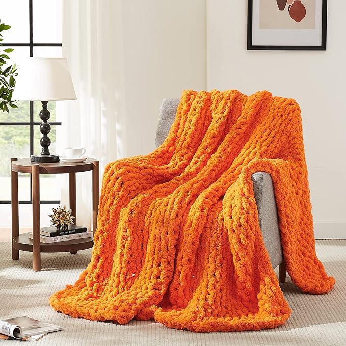 L'AGRATY Chunky Knit Blanket Throw: 80''x90'' Chenille Chunky Knitted Throw Blanket for Bed Couch - Handmade Thick Big Cable Knit Blanket - Large Chunky Crochet Rope Blanket for Home Decor(Orange)-Ruum Studio Home