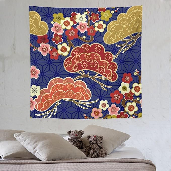 HZOHNAGO Japanese Tapestry Art Abstract Colorful Cherry Blossom Blue Background Pattern Printed Wall Tapestry Painting Wall Hanging for Bedroom Living Room Dorm 60" W x 60" H-Ruum Studio Home