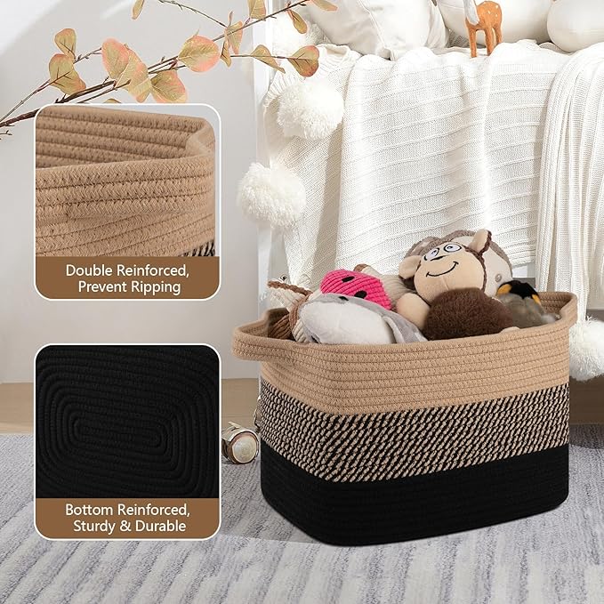 Storage Basket for Organizing, Woven Baskets for Storage, Rectangle Decorative Baskets for Shleves, Closet, Toys, Books, Nursery Organizer Bins - Pack of 3 (Black & Brown)-Ruum Studio Home