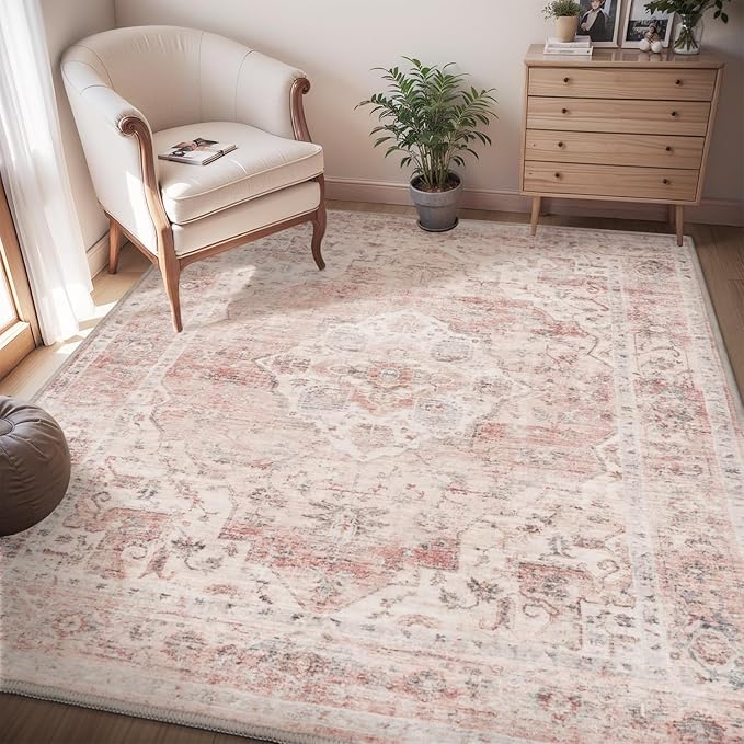 AMOAMI 4x6 Soft Vintage Area Rug - Non-Slip Washable Rug for Living Room, Bedroom, Dining Room, Office - Pink-Ruum Studio Home