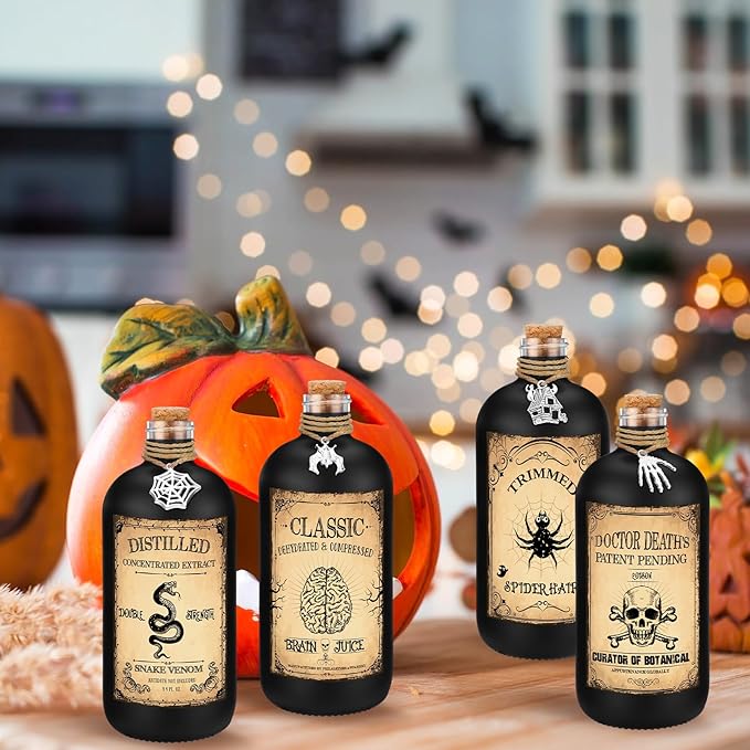 Uiifan 31 Pcs Halloween Potion Bottles Set Including Glass Apothecary Bottles with Cork Stickers and Pendants Halloween Decorations Indoor Party Supplies (Black,8.5 oz)-Ruum Studio Home