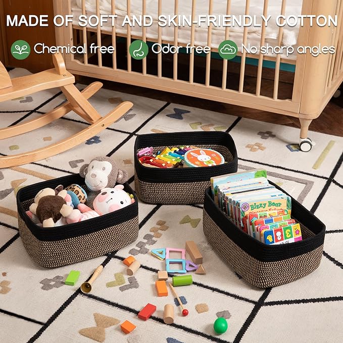 Storage Baskets for Organizing 3 Pack, Woven Baskets for Shelves, Closet Organizer Bins Empty Gift Basket Toy Storage for Toys, Books, Towels, Clothes, 15"x11.42"x6.7", Black & Yellow-Ruum Studio Home