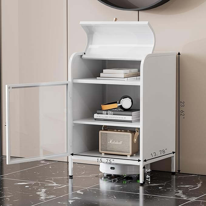 Modern Metal Side Tables Set of 2, End Tables with Glass Door, 2-Tier Nightstands with Storage Shelves, Accent Table, Slim Sofa Table for Living Room, Bedroom (White)-Ruum Studio Home