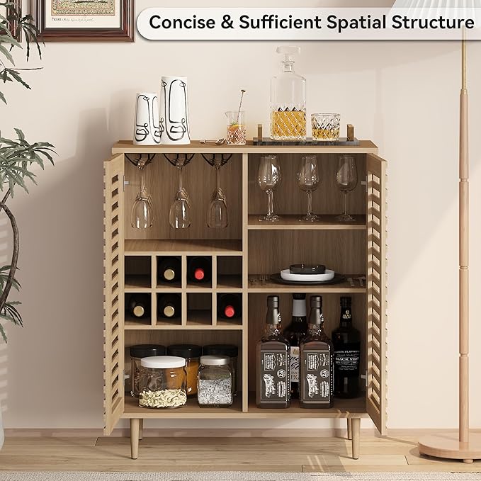 Mid Century Bar Cabinet with Wine Racks, Modern Liquor Cabinet with Slatted Doors for Dining Room, Living Room (Natural Color)-Ruum Studio Home
