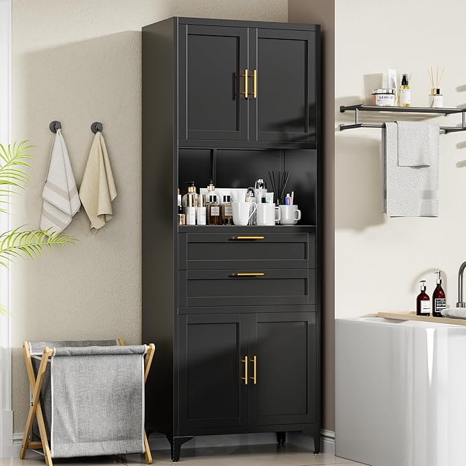 75” Tall Kitchen Pantry Storage Cabinet, Metal Storage Cabinet with 2 Drawers and Adjustable Shelves, Kitchen Pantry Cupboard, Freestanding Cupboard for Bathroom, Living Room(Black)-Ruum Studio Home