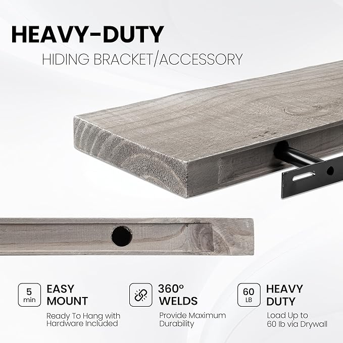 Fun Memories Floating Shelves for Wall Decor, 24"x8" Rustic Reclaimed Wood Shelves, Heavy-Duty Wall Mounted Shelves with Invisible Brackets, Set of 2for Living Room, Bedroom, Kitchen, Grey Finish-Ruum Studio Home