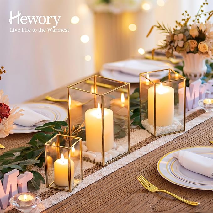 Glass Hurricane Candle Holder Large - Hewory 18pcs Gold Rectangle Flower Holders Centerpiece for Table, Tall Floor Square Pillar Candle Lantern for Wedding, Anniversary, Party, Fireplace, Dining Room-Ruum Studio Home