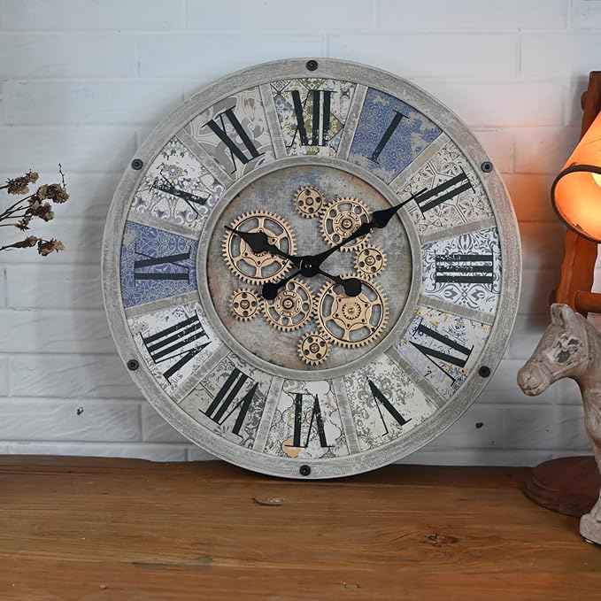 Unique Moving Gear Large Wall Clock 21inch-Battery Powered. Retro Industrial Steampunk Country Farmhouse Decor for The Living Room Kitchen Bars cafes Offices(whith/metal/21)-Ruum Studio Home