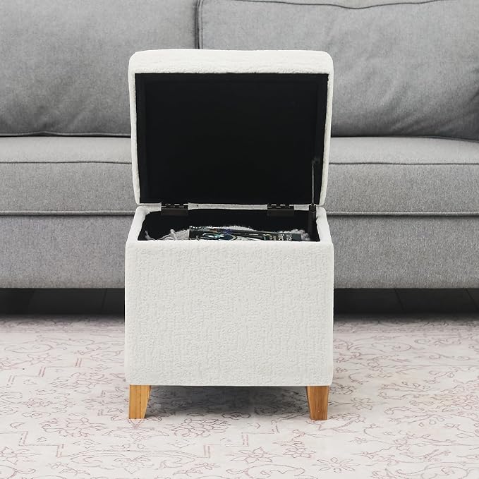 Adeco 18 Inch High Faux Fur White Cube Ottoman Storage, 3D Embossed Velvet Chair Foot Stools, Upholstered Vanity Stool with Hinged Lid, Solid Wood Legs-Ruum Studio Home