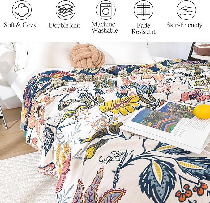 Snycler Boho Throw Blanket for Bed, 100% Organic Cotton Muslin Soft Throw-Floral Farmhouse Rustic Spring Summer Fall Decor Blanket for Couch Sofa Quilt and Gift, 80" x 90" White-Ruum Studio Home