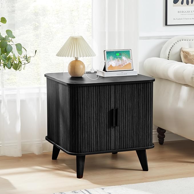 AVZEAR 24" Large Square End Table with Charging Station, Farmhouse Fluted Sofa Side Table with Sliding Tambour Door & Storage, Curved Rustic Wood Nightstand for Living Room, Bedroom, Black-Ruum Studio Home