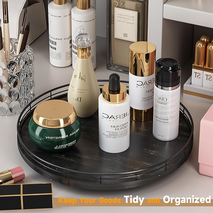 13" Oak Bathroom Vanity Tray Turntable for Perfume Candle, Round Wooden Decorative Tray for Kitchen Sink Countertop Organizer, Bathroom Counter Organizer for Skincare Makeup, Farmhouse Black Gold-Ruum Studio Home