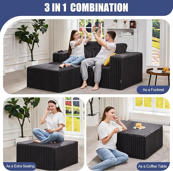 Hobestluk Rectangle Ottoman Memory Foam Footrest for Couch with Removable Cover Large Floor Seating for Adults Ottoman Coffee Table for Living Room, Bedroom or Office (Strip Grey, Footrest)-Ruum Studio Home