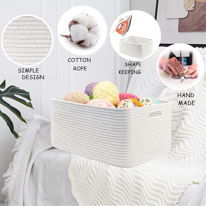 COMFY-HOMI Cotton Rope Woven Basket with Handles for Shelves,Toys,Book, Cloth Storage Baskets for Organizing-17" x 13" x 7.5" Toy Decorative Organizer for Living Room, Bathroom （All White）-Ruum Studio Home