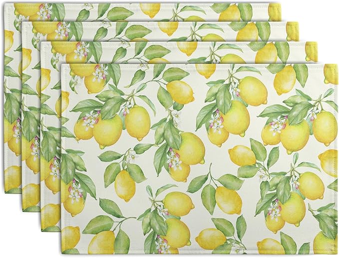 Lemon Placemats Set of 4 Summer Yellow Fruit Green Leaf Floral Linen Table Mat Rustic Farmhouse Spring Heat Resistant Non Slip Washable Place Mats for Dining Kitchen Party Decor-Ruum Studio Home