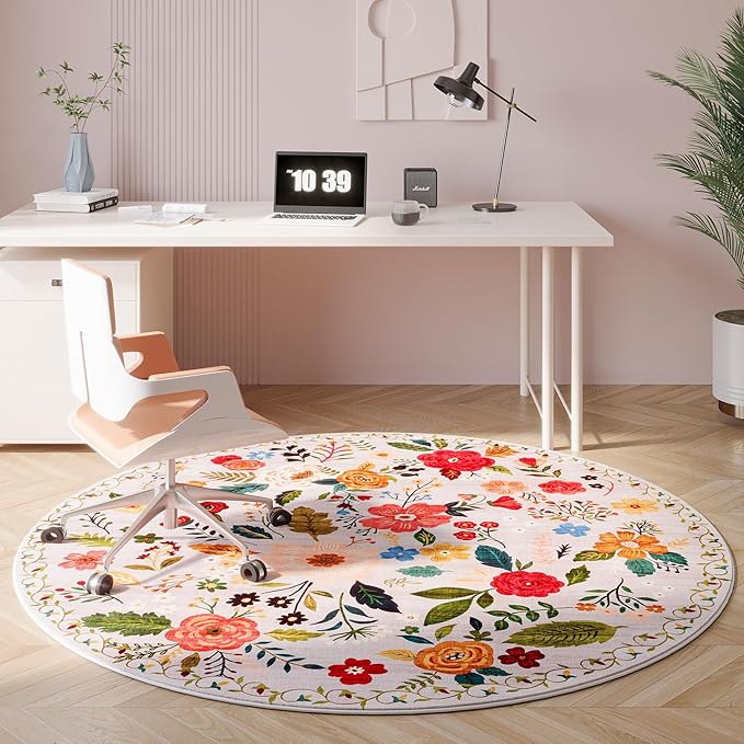 Round Rug 4ft Washable Circle Rug Non Slip Low Pile Boho Floral Small Circular Rug for Bedroom, Bathroom, Entryway, Kids Room, Office, College Dorm(Beige)-Ruum Studio Home