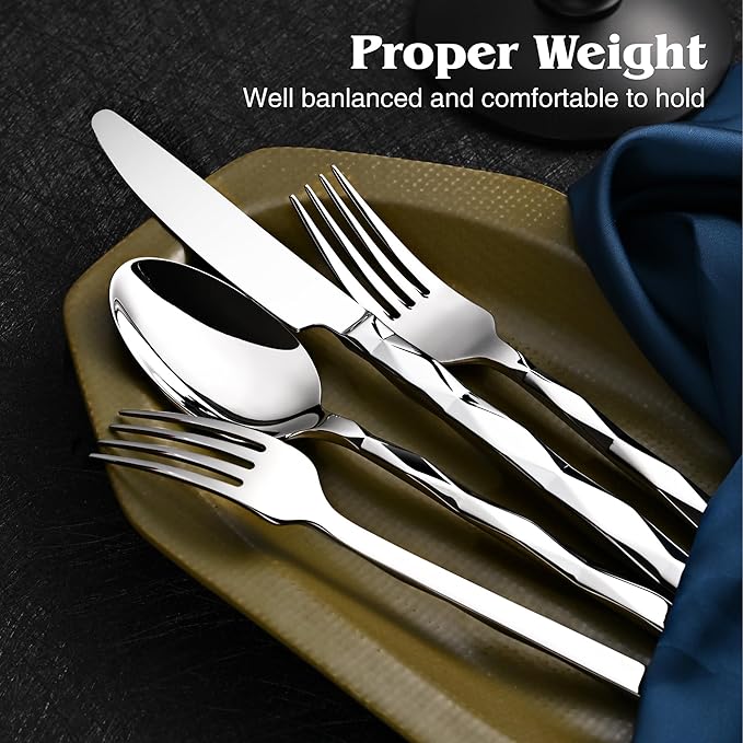 KINGSTONE Silverware Set, Luxury 60 Piece Flatware Set for 12, 18/10 Stainless Steel Cutlery Set with Diamond Cut Pattern for Kitchen, Home, Wedding, Party, Mirror Polished and Dishwasher Safe-Ruum Studio Home