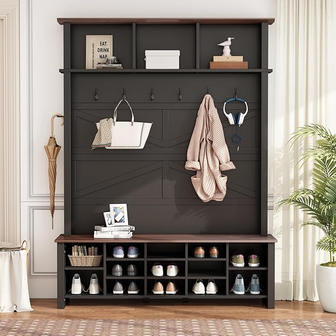 Ball & Cast 4-in-1 Hall Tree with 6 Hooks,Walnut Entryway Bench with Adjustable Shelves,Rustic Shoe Organizer with 16 Open Compartments,for Mudroom,Living Room,Hallway,Black-Ruum Studio Home