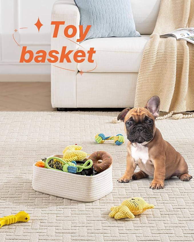 KALLAX Small Woven Basket, 12 x 8 x 4.5 Inches, Storage Basket for Organizing, Cute Small Rope Shelf Closet Cube Storage Bins Baskets for Shelves, Dog Toy Gift Baskets Empty, 3 Packs, Off White-Ruum Studio Home