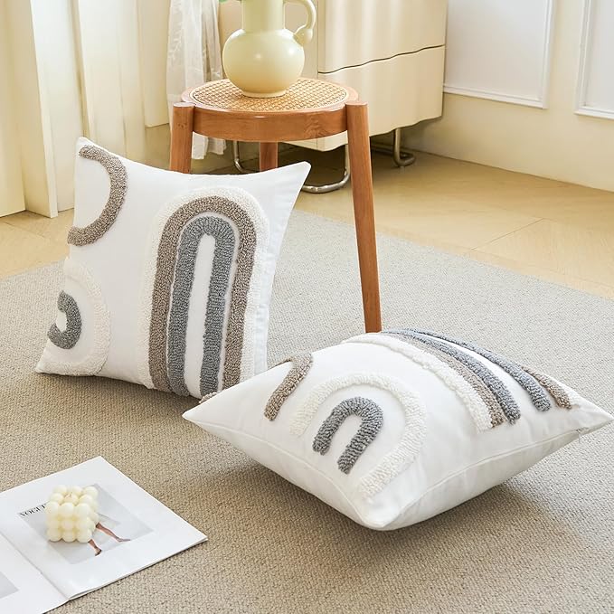 HOdo Home 18x18 Throw Pillow Covers, 2PCS Tufted Boho Jacquard Pillow Covers,Farmhouse Decorative Pillow Cover,Pillow Cases for Couch Sofa Bed Stylish Decor, Simple Textured Cushion Sham-Ruum Studio Home