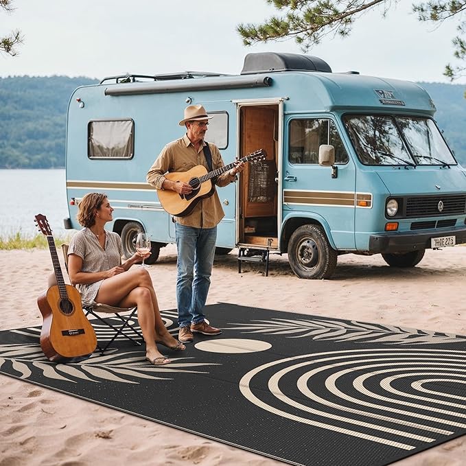 GENIMO Outdoor Rug 8' x 10' Waterproof for Patio Clearance, Reversible Lightweight Plastic Straw Camping Carpet, Large Area Rugs Mats for Rv, Backyard, Deck, Porch, Picnic, Balcony, Mix-Black & Beige-Ruum Studio Home