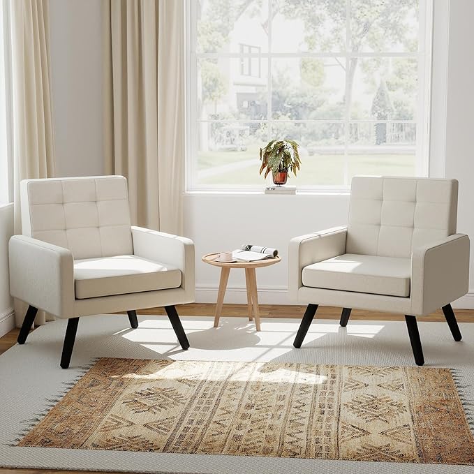 Kromax Mid-Century Modern Accent Chair Set of 2 for Living Room, 496 Lb. Weight Capacity, Dual Armrests, Comfy Extra Large Seat, Timeless Style Perfect for Reading & Relaxing, Beige-Ruum Studio Home