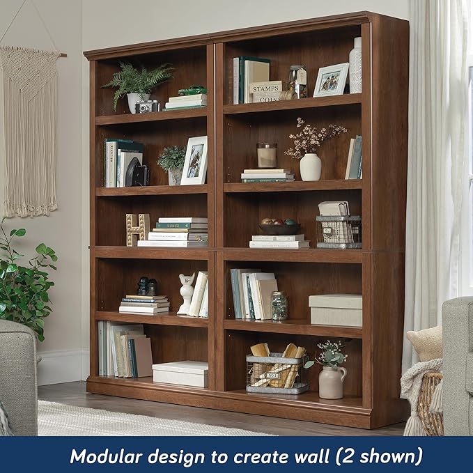Sauder Miscellaneous Storage 5 Split Bookcase/Book Shelf, L: 35.28" x W: 13.23" x H: 69.76", Oiled Oak finish-Ruum Studio Home