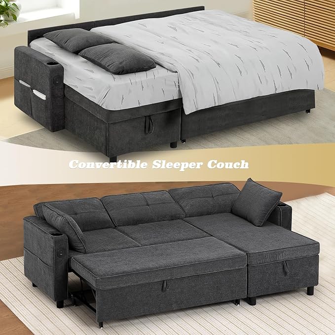 84 Inches Fabric Sectional Sofa w/Pull Out Sofa Bed & Adjustable Back, Tufted L Shaped Couch w/Storage Chaise, Sleeper Sectional Sofa w/USB Port & Cup Holders for Living Room, Grey-Ruum Studio Home
