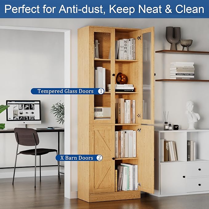 Bookcase with Doors, Tall Cabinets Storage Shelves, 5 Tier Bookshelf with Storage Cabinet, Light Wood Rustic Display Shelf Home Decor Furniture for Office, Living Room, Bedroom, Kitchen, Dining Room-Ruum Studio Home