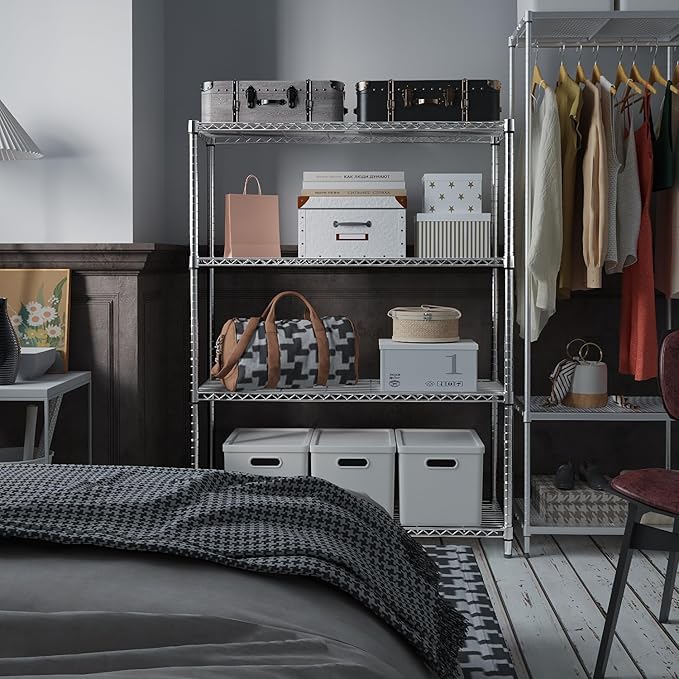 IZEUK 1400 LBS Garage Chrome Shelving Wide Storage Shelves 4 Tier Adjustable Heavy Duty Metal Wire Rack Standing Shelf Unit for Kitchen Office College Dorm Garage Warehouse 15.8" x 45.8"x 59.4"-Ruum Studio Home