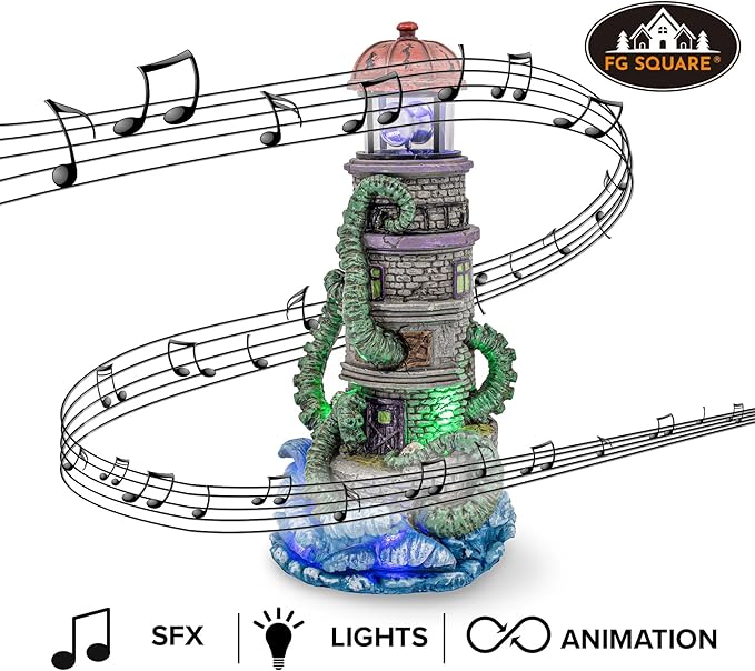 Lighthouse Attack Kraken Theme Spooky Halloween Village Multi-Color LED Lights, Animated Rotating Food Light and Music 6" x 5.5" x 12"-Ruum Studio Home