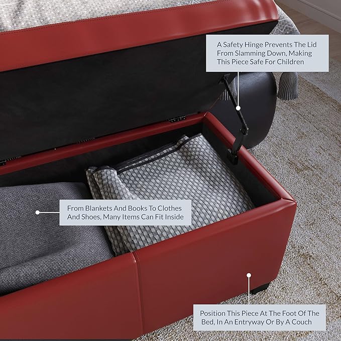 BELLEZE Storage Faux Leather Ottoman, 47 Inch Bench Bedroom Bench with Safety Close Hinge, Extra Long Ottoman with Storage for Living Room, Entryway, Hallway, Foot Rest, Support 300lbs - Red-Ruum Studio Home