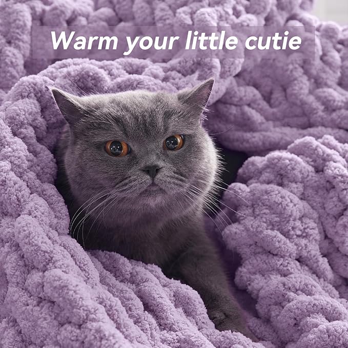 Chunky Knit Throw Blanket, 60''*80'' Knitted Throw Chenille Yarn for Bed Couch, Handmade Light Purple Crochet Big Thick Blanket, Machine Washable Cute Comfy Blanket for Home Decor-Ruum Studio Home