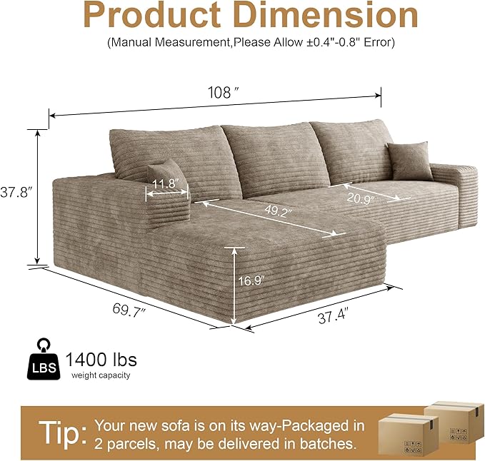 108" Sectional Couches for Living Room Modern Modular Sofa with L-Shape Couchs Upholstered Boneless Couch Deep Seat Sectional Couch with Chaise (Camel, Left Facing Chaise+2Seaters)-Ruum Studio Home