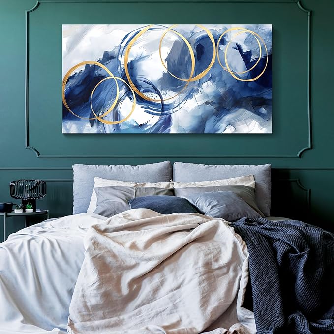 AJAZIKO Blue Abstract Wall Art Modern Art Wall Decor Artwork For Walls Living Room Large Painting Size 20x40 Office Pictures For Wall Navy Gold Contempor Decorations For Bedroom-Ruum Studio Home