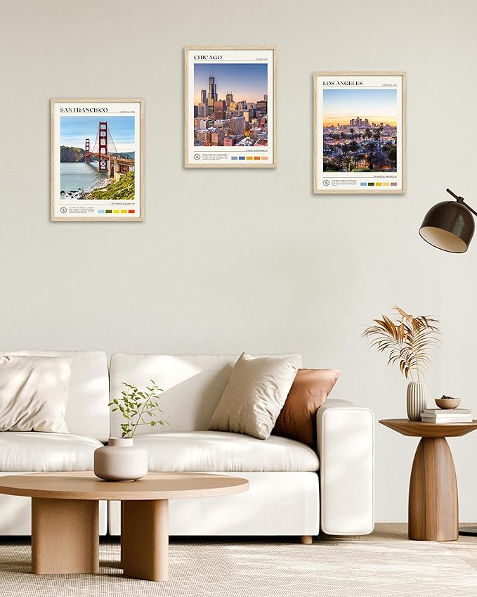 HesenDot Natural OAK Wood Los Angeles Cityscape Framed Wall Art,12x16in City Skyline Canvas Wall Print,Modern Urban Landmark Wall Decor for Living Room,Bedroom,Office Gallery Gifts Set of 1-Ruum Studio Home