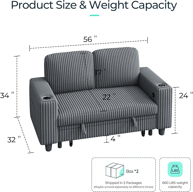 LINSY HOME Loveseat Sofa with Storage - Comfy Plush Corduroy 2 Seater Sofa with USB Charging & Cup Holders, Deep Seat Love Seat for Small Spaces Living Room Bedroom Apartment, Grey-Ruum Studio Home