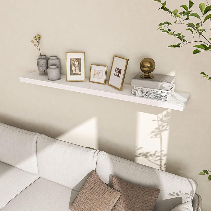 Fun Memories 48 Inch Floating Shelves for Wall, Deep Rustic Solid Pine Wood Shelf - Farmhouse Wall Mounted Display Shelf with Heavy-Duty Metal Bracket, 48" W x 8" D, Set of 1, White-Ruum Studio Home