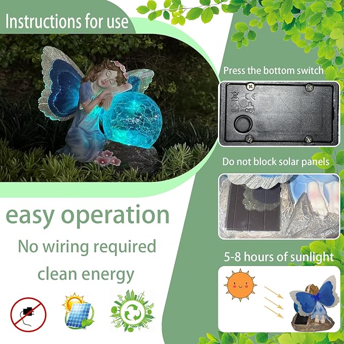Fairy Garden Statue ，Solar Garden Decor ，Fairy Statue Outdoor with Glass Ball ，Waterproof Outdoor Decor，Suitable for Yard, Lawn ，Ideal for Holiday Giving（Blue）-Ruum Studio Home